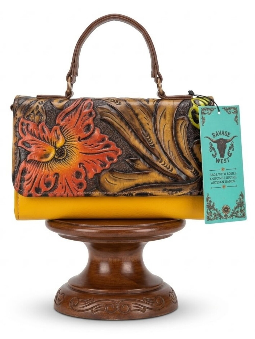 Genuine Leather Handtooled Floral Satchel Bag NWT